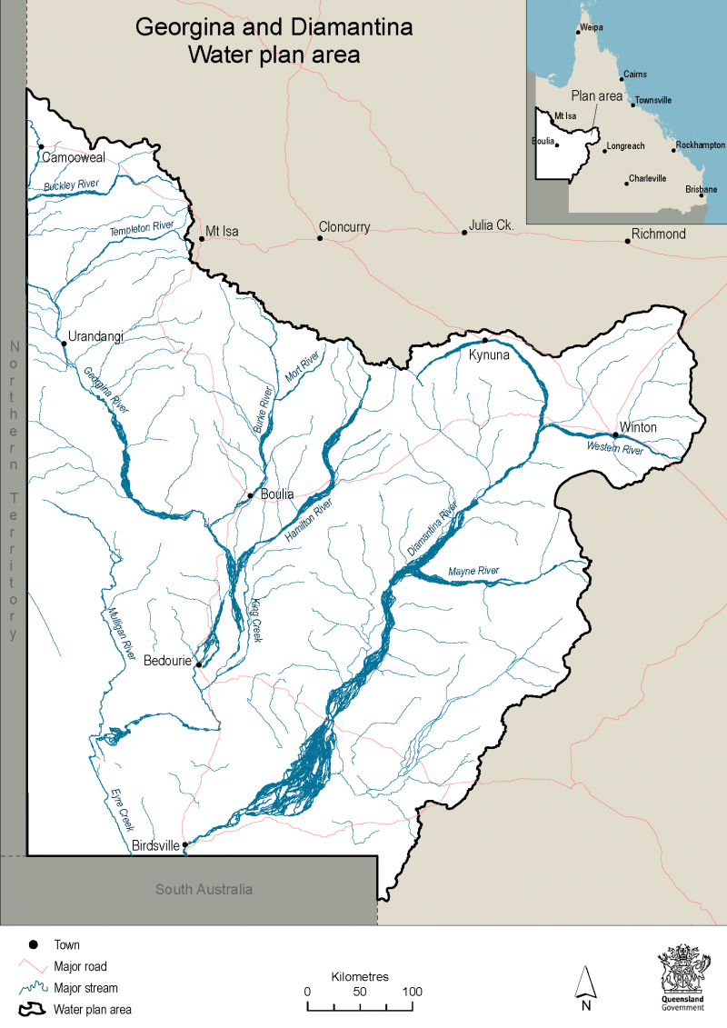 A map showing the extent of the Georgina and Diamantina water plan area