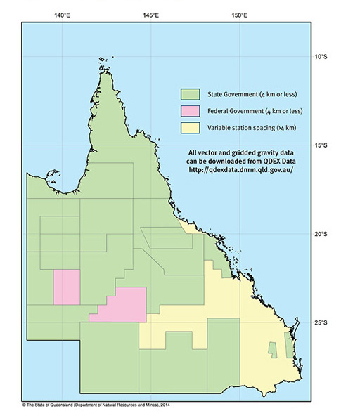 Coverage of gravity data and station spacing of surveys in Queensland