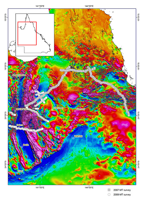 Map showing coverage of GSQ deep magnetotelluric data in Queensland