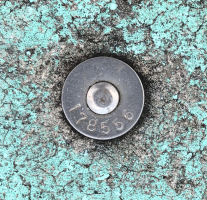 Mini mark Close-up view of a small, round, dull steel-coloured metal disc with engraved words 'permanent survey mark' and the number 178556 visible, embedded in concrete.