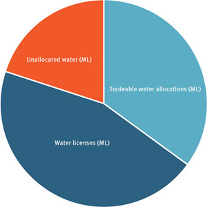 Pie chart showing allocation of water between unallocated water, tradeable water allocations and water licences.