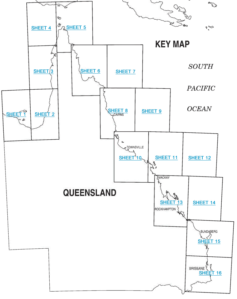 Queensland waterways are divided into 16 mapped areas. Each square has text stating the sheet and its number.