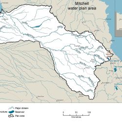 Map showing the Mitchell water plan area in Far North Queensland. The map includes major towns, roads and streams, as well as Lake Mitchell Dam.