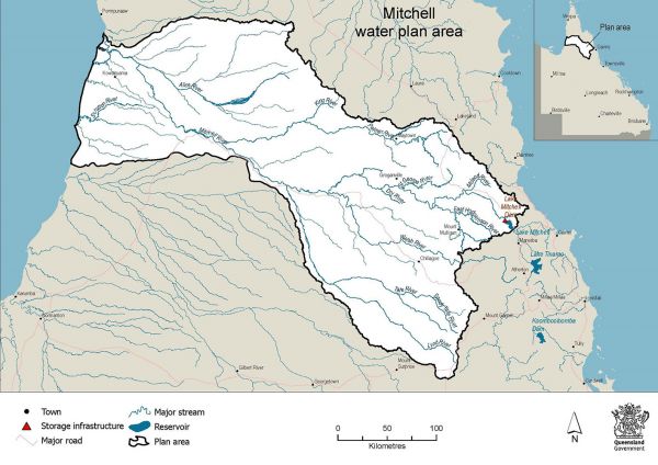 Map showing the Mitchell water plan area in Far North Queensland. The map includes major towns, roads and streams, as well as Lake Mitchell Dam.
