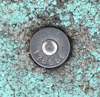 Close-up view of a small, round, dull steel-coloured metal disc with engraved words 'permanent survey mark' and the number 178556 visible, embedded in concrete.