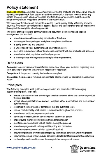 Thumbnail of complaints handling policy Word template