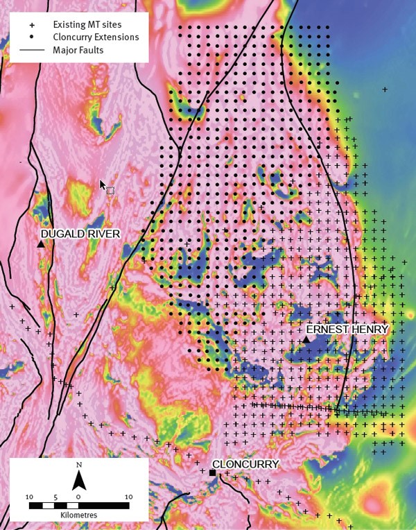 Map showing the location of the planned Cloncurry extension magnetotelluric survey sites compared to existing magnetotelluric data and regional magnetic data