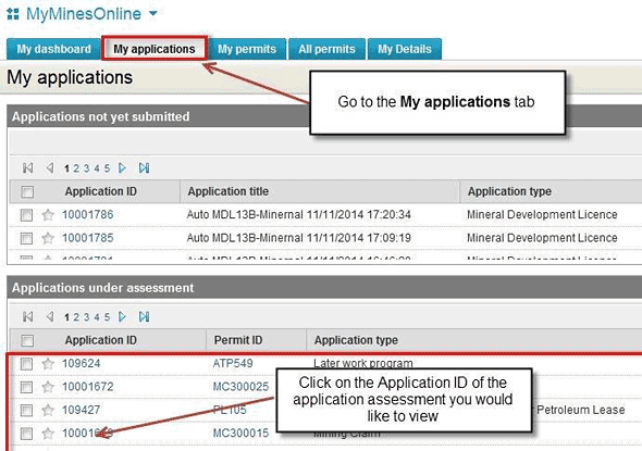 Screenshot of the MyMinesOnline My Applicatons tab Screenshot of the My Applications tab