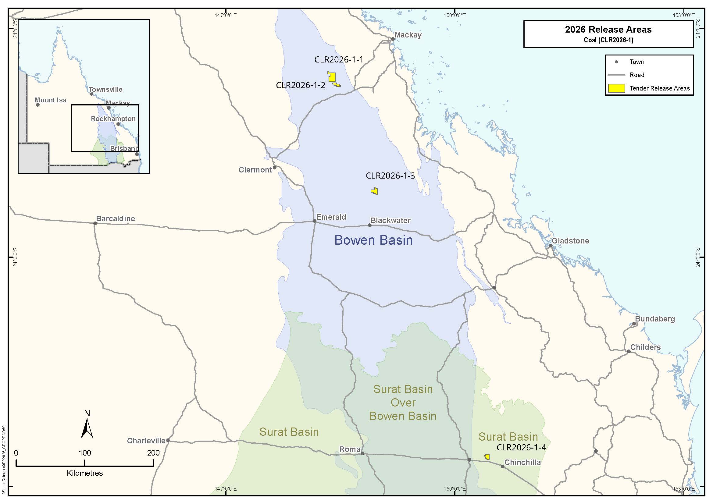Map showing tender area release in Surat/Bowen Basin