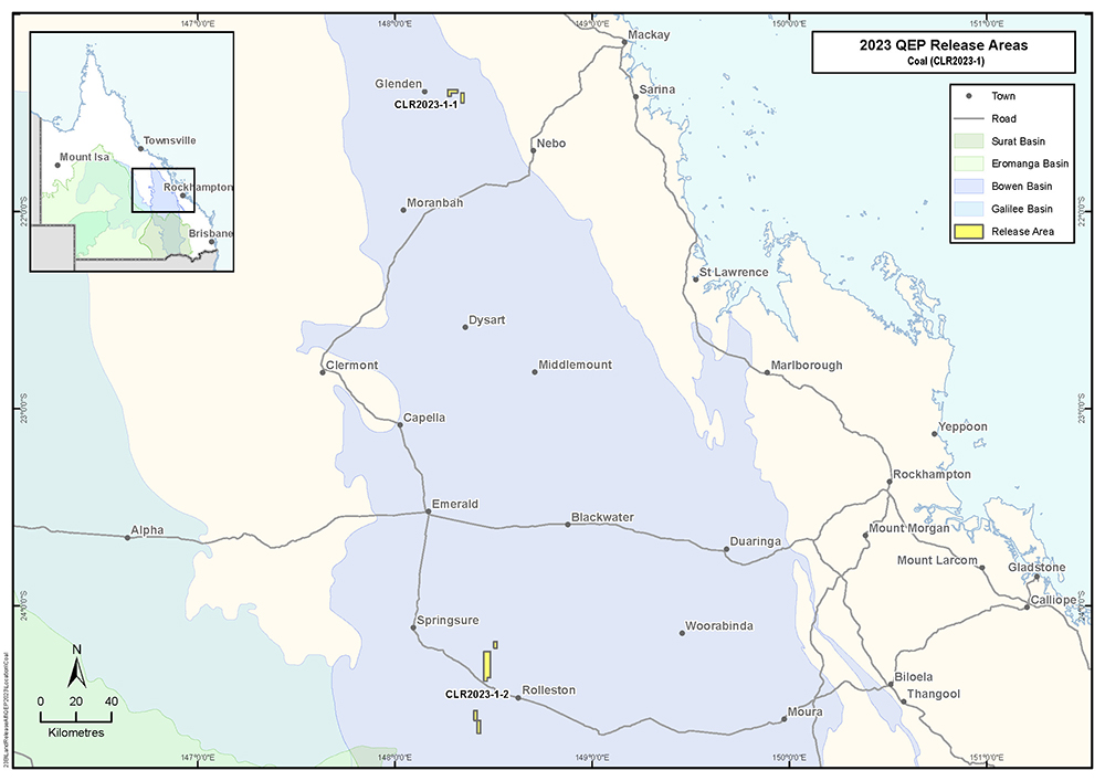 Map of Queensland showing the 2023 QEP Release areas for Coal