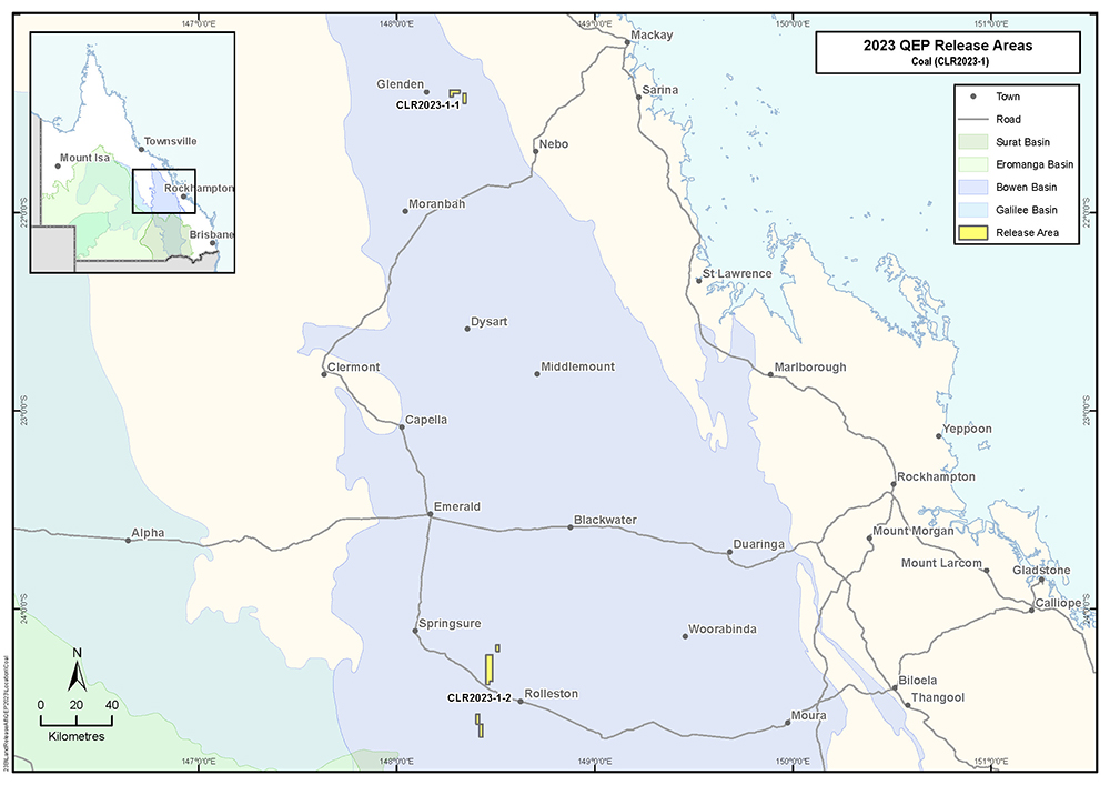 Map of Queensland showing the 2023 QEP Release areas for Coal