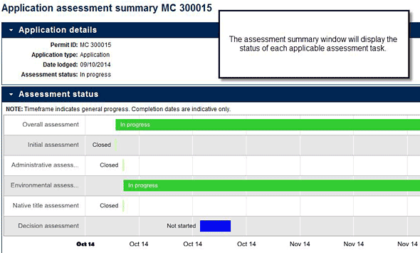 Screenshot of the MyMinesOnline Assessment summary screen Screenshot of the Assessment summary screen