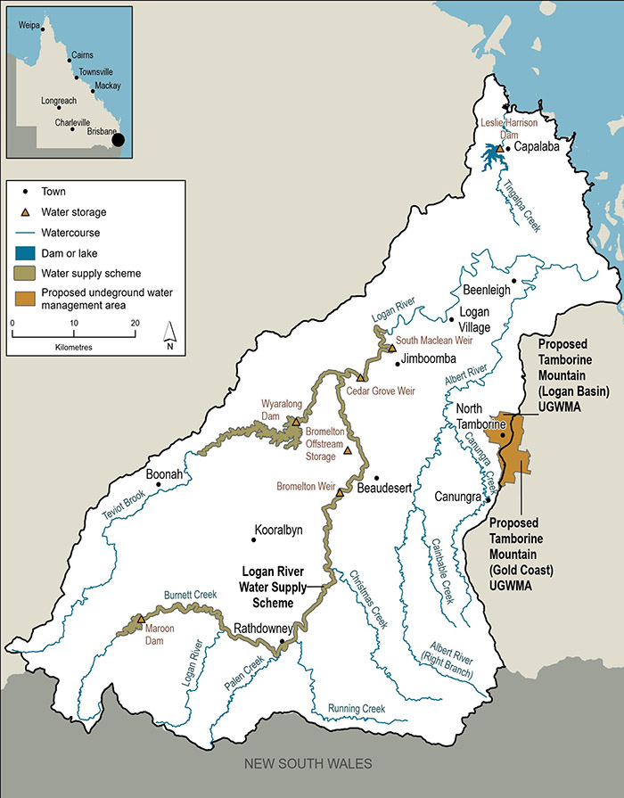 A map of the Logan Basin water plan area showing:  - water storage  - watercourses  - water supply schemes  - proposed underground water management areas in the Logan Basin