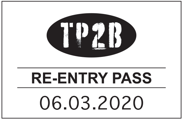 Example re-entry pass stamp, reading 'TP2B; Re-entry pass; 06.03.2020'.