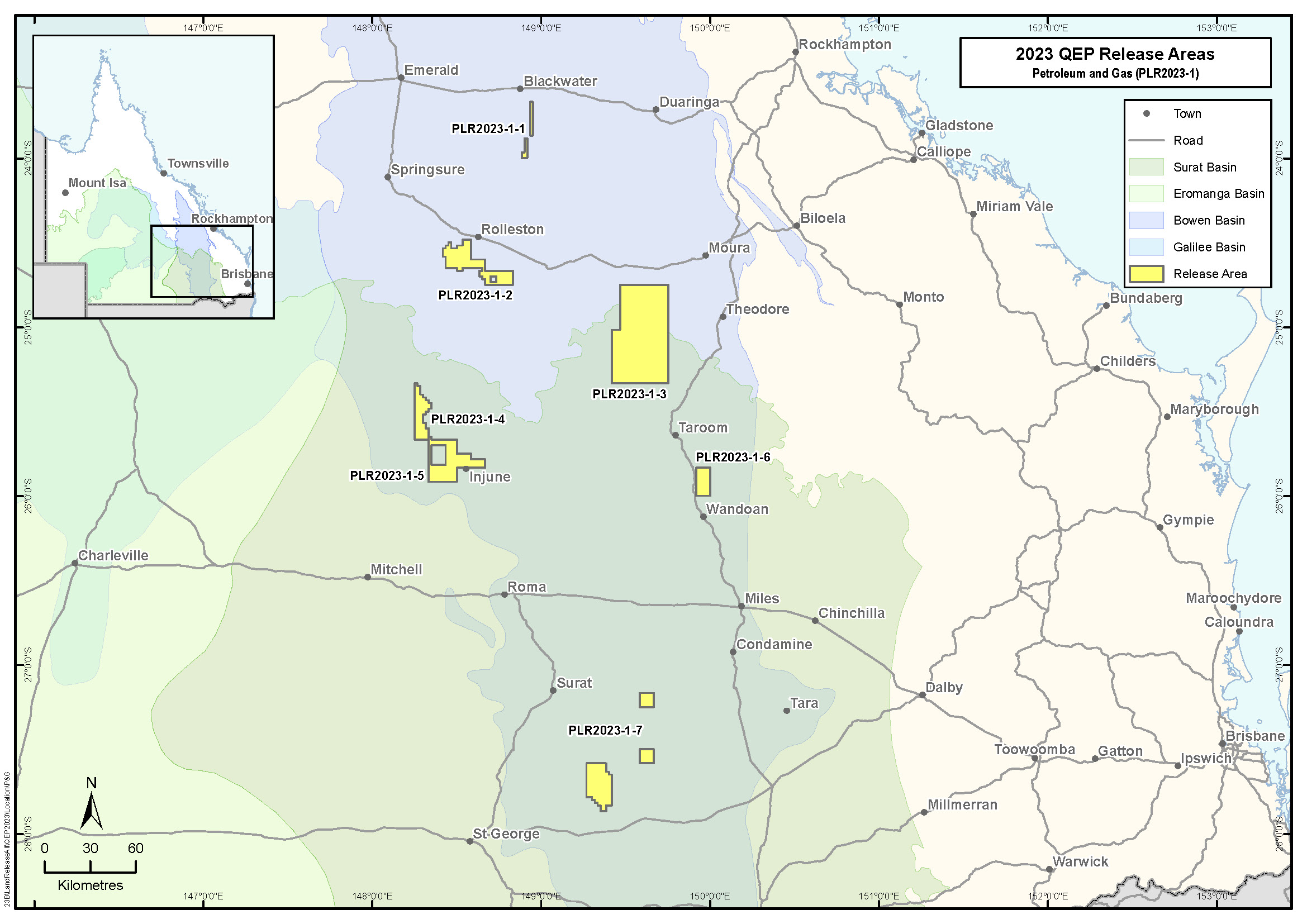 Map of Queensland showing the 2023 QEP Release areas for Petroleum and Gas