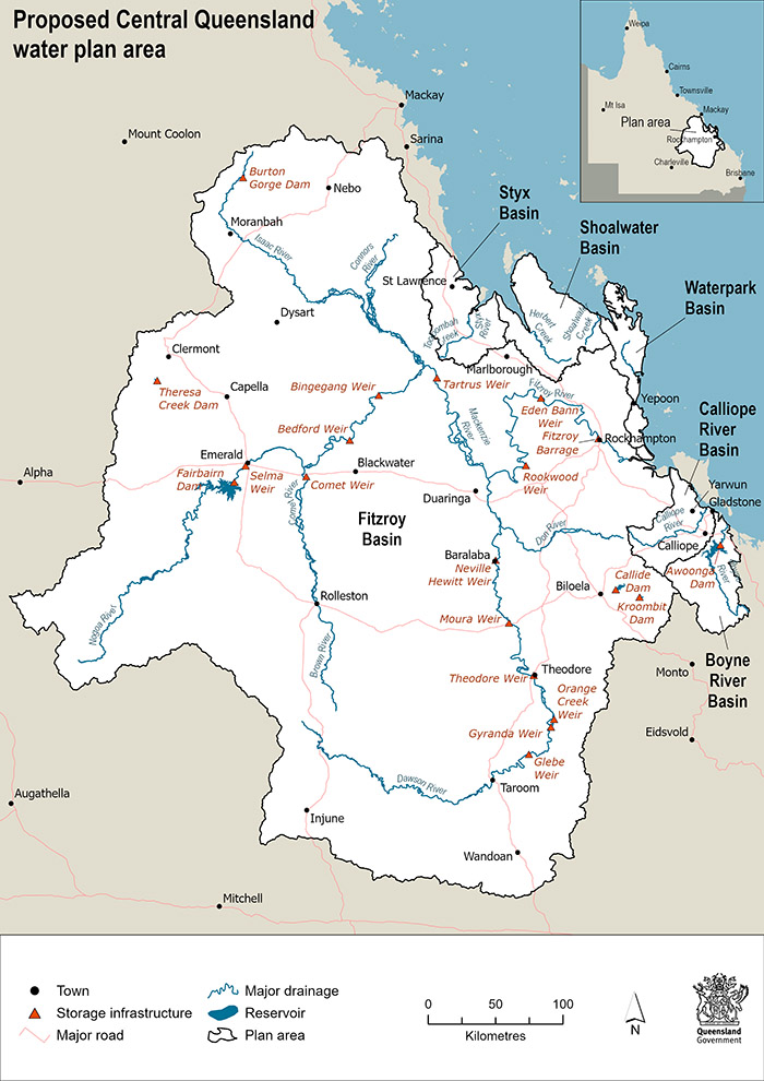 Map showing the proposed boundaries for the Central Queensland water plan area that includes Fitzroy, Calliope River, Boyne River, Waterpark, Shoalwater and Styx basins.