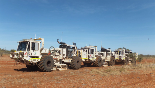 Heavy vehicles being used to acquire data during the Camooweal seismic survey