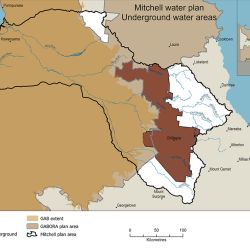 Map showing the location of the Chillagoe underground water area and extent of the Great Artesian Basin within the Mitchell water plan area in Queensland.