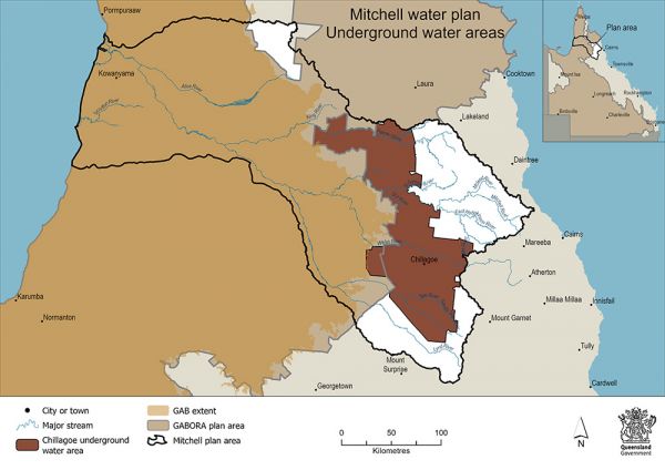 Map showing the location of the Chillagoe underground water area and extent of the Great Artesian Basin within the Mitchell water plan area in Queensland.