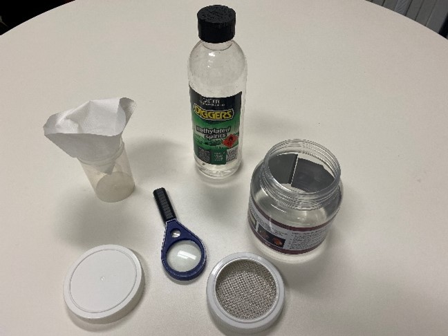 Photo of equipment used to create an alcohol wash kit. Equipment includes shake jar, mesh and solid lids, alcohol, filter paper and jar, and magnifying glass.