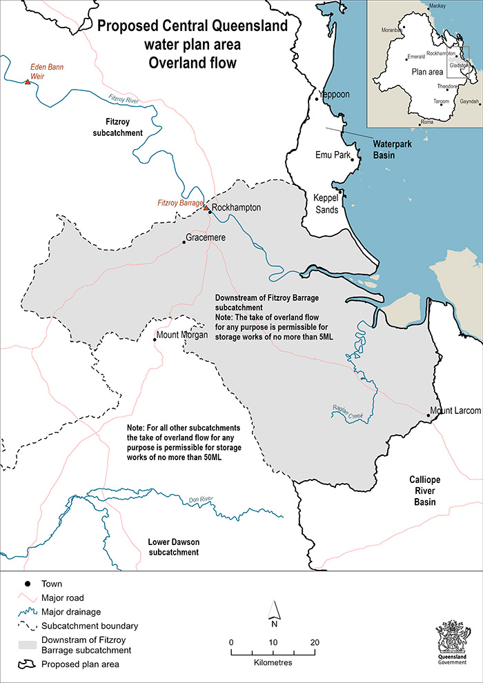 Map showing the location of the overland flow management area that is downstream of the Fitzroy Barrage subcatchment. The take of overland flow for any purposes is permitted in this area for storage of no more than 5ML. In all other areas of the Fitzroy Basin, this limit is 50ML.