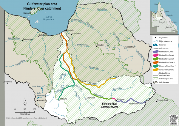 The Gulf water plan area showing each zone from Table 1 in the Flinders catchment, with GABORA water plan overlay.