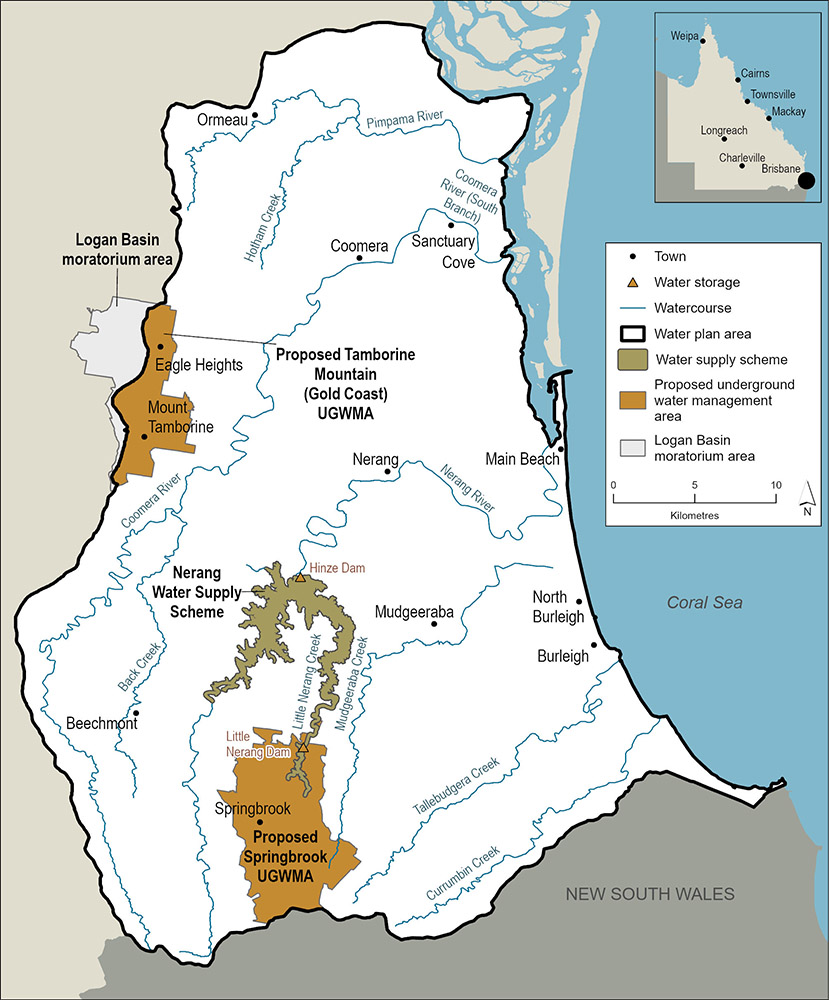 A map of the Gold Coast water plan area showing:  - water storage  - watercourses  - Water supply schemes  - proposed underground water management areas in Mount Tamborine and Springbrook  - the Logan Basin moratorium area
