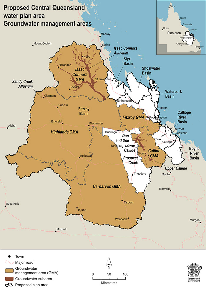 Map showing the location of groundwater management areas within the Fitzroy Basin