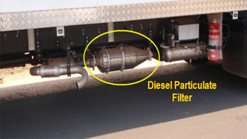 Exhaust system on a rigid truck with a diesel particulate filter fitted