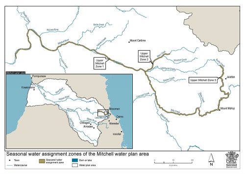 Map showing the seasonal water assignment zones within the Mitchell water plan area.