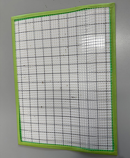 Rectangular mat, with green binding, silver base, and mesh screen on top layer.