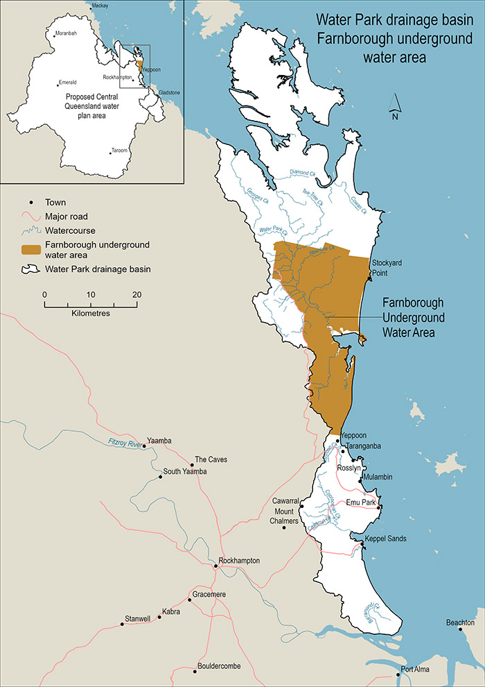 Map showing the location of the Farnborough Groundwater Management Area within Waterpark Basin in Queensland